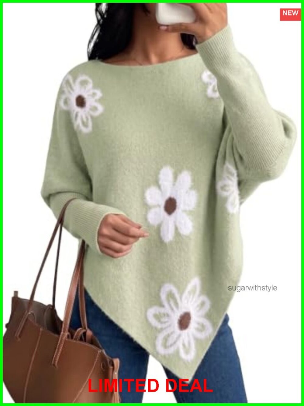 Women's Oversized Floral Knit Poncho Sweater Batwing Sleeve Asymmetrical Hem